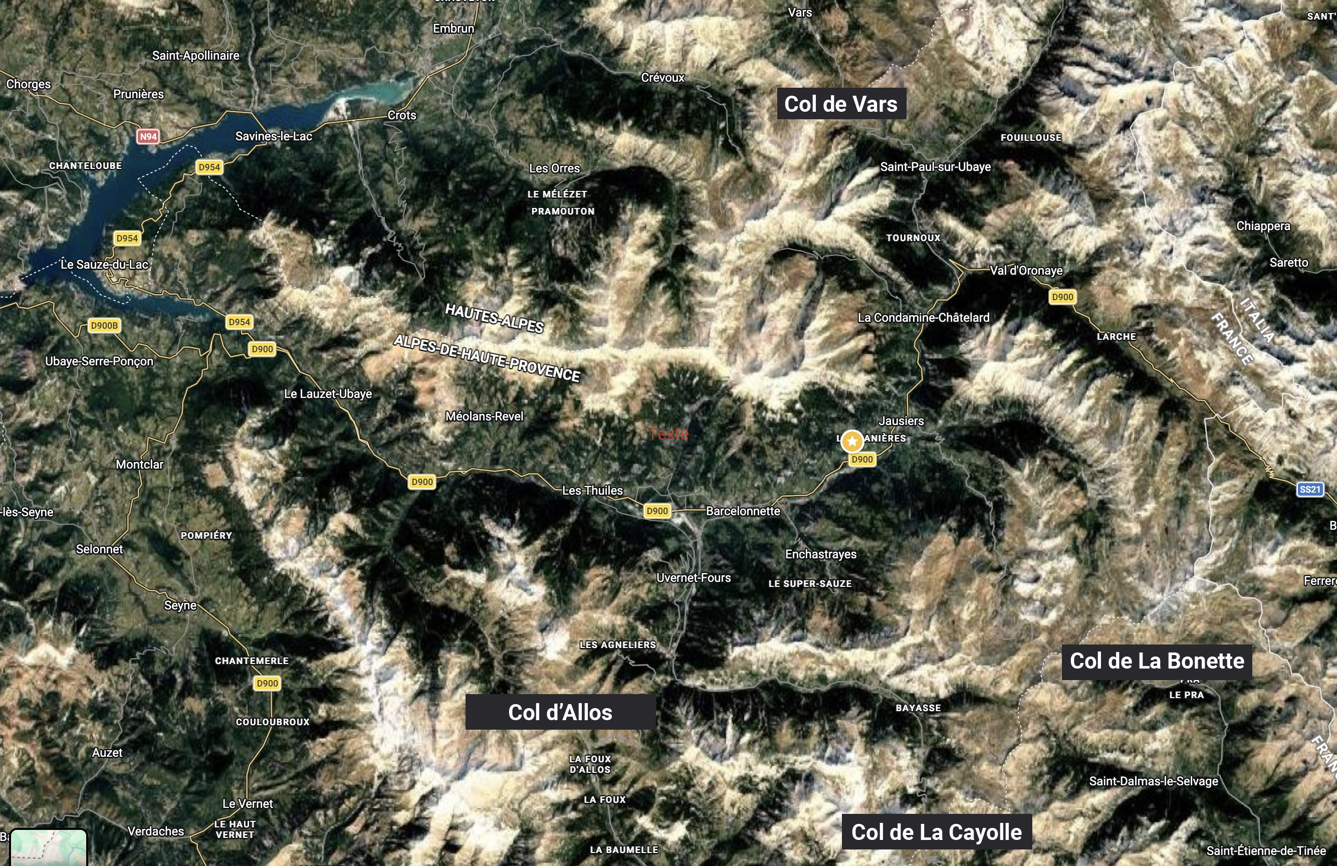 Carte montrant le col de la Bonette, le col de la Cayolle, le col d'Allos et le col de Vars autour de Barcelonnette.