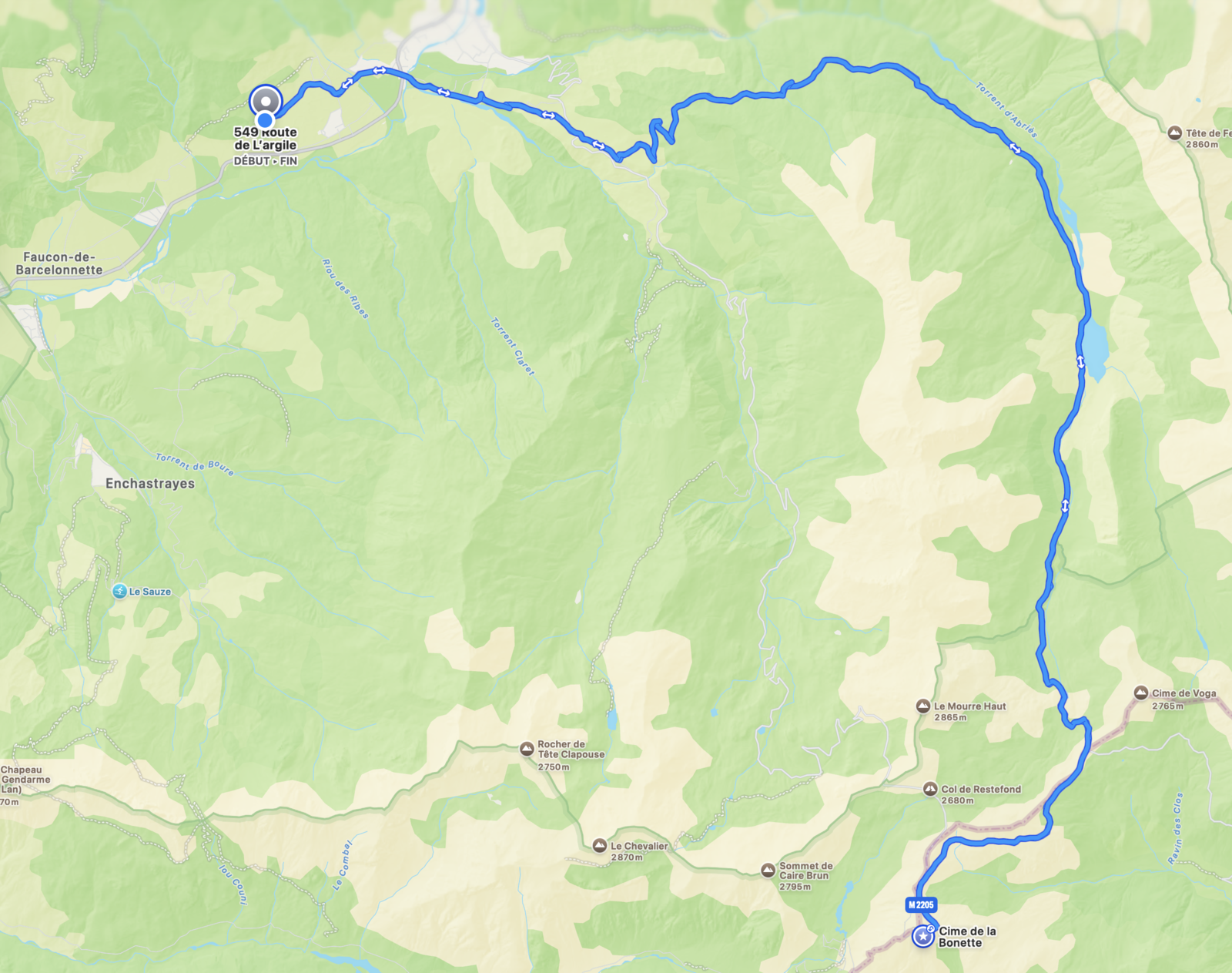 Mappa — raggiungere il Col de la Bonette da Barcelonnette